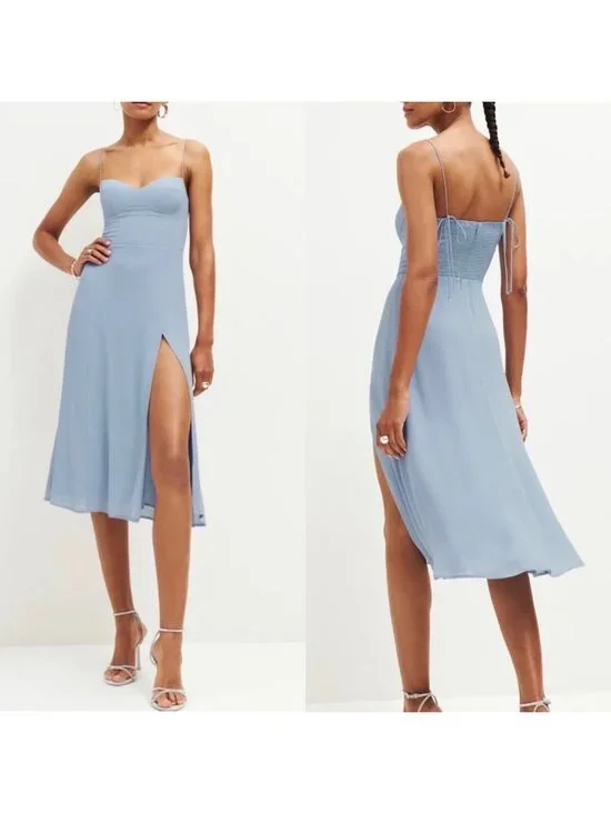 Reformation Juliette Dress Mineral Blue Sz 8 Spaghetti Strap Ties Midi Side Slit - Picture 1 of 8